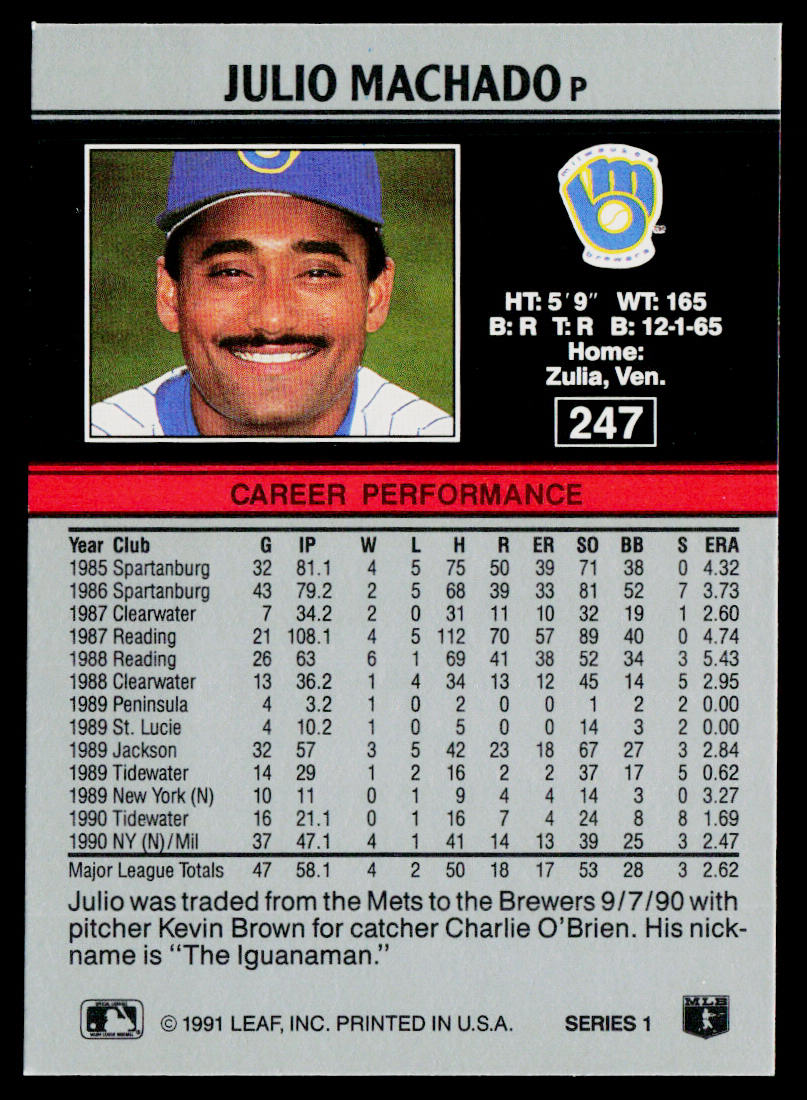 Julio Machado 1991 Leaf #247 Milwaukee Brewers