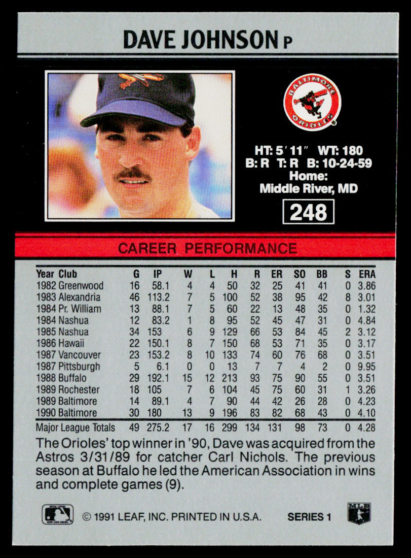 Dave Johnson 1991 Leaf #248 Baltimore Orioles