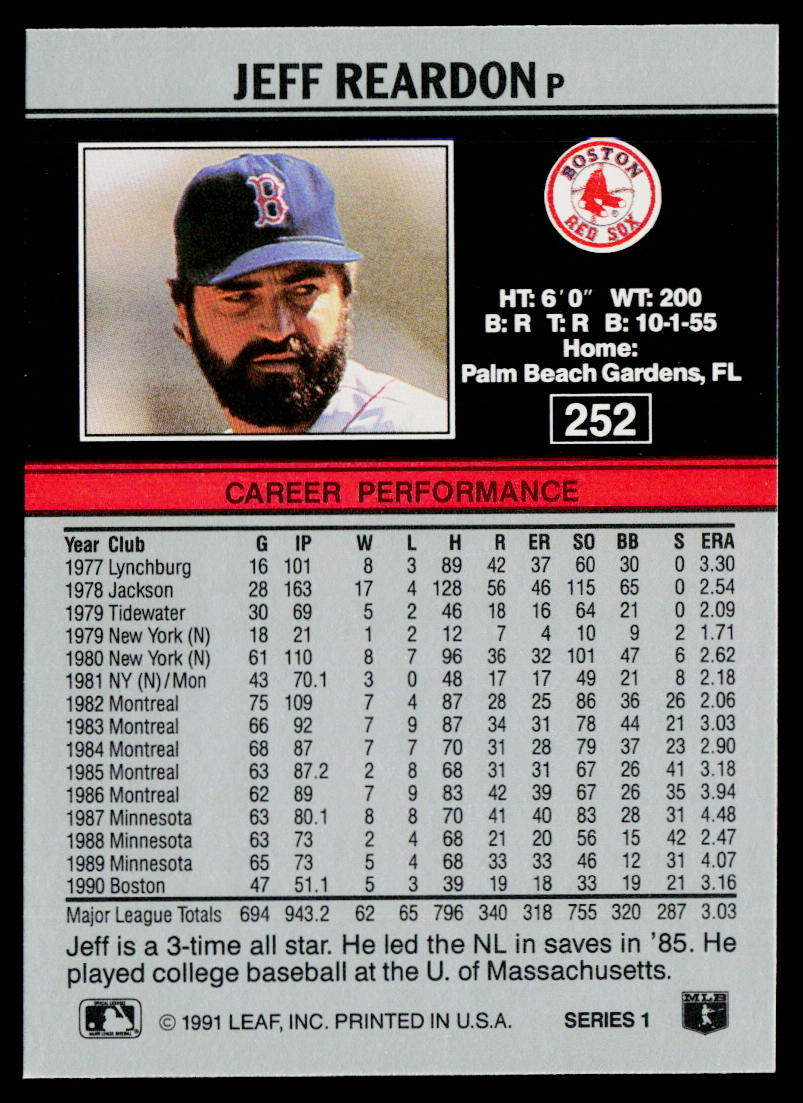 Jeff Reardon 1991 Leaf #252 Boston Red Sox