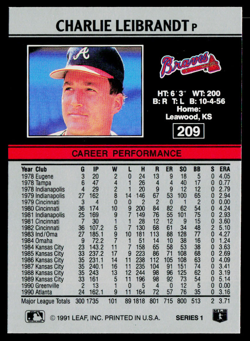 Charlie Leibrandt 1991 Leaf #209 Atlanta Braves