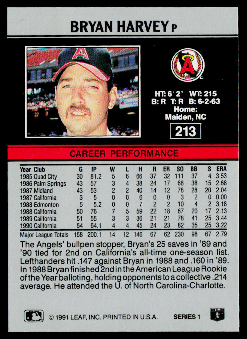 Bryan Harvey 1991 Leaf #213 California Angels