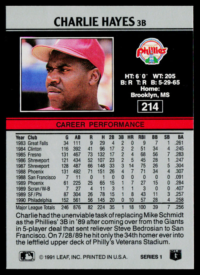 Charlie Hayes 1991 Leaf #214 Philadelphia Phillies