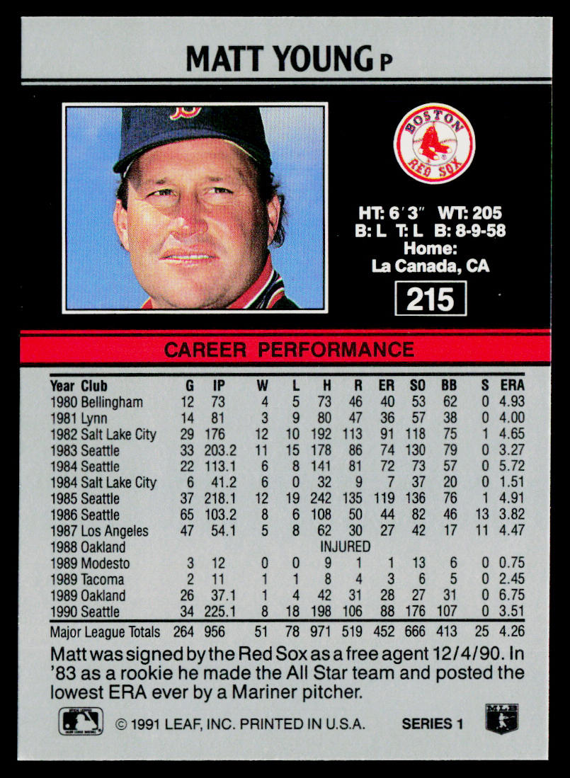 Matt Young 1991 Leaf #215 Boston Red Sox