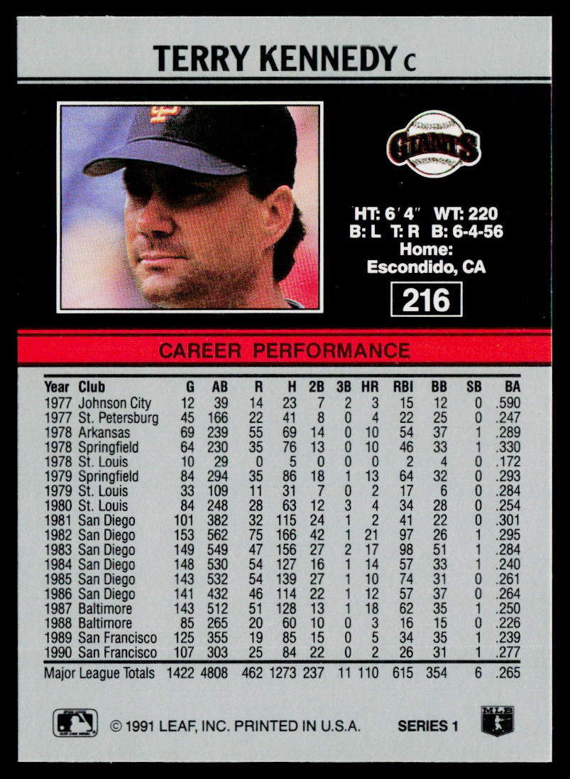 Terry Kennedy 1991 Leaf #216 San Francisco Giants