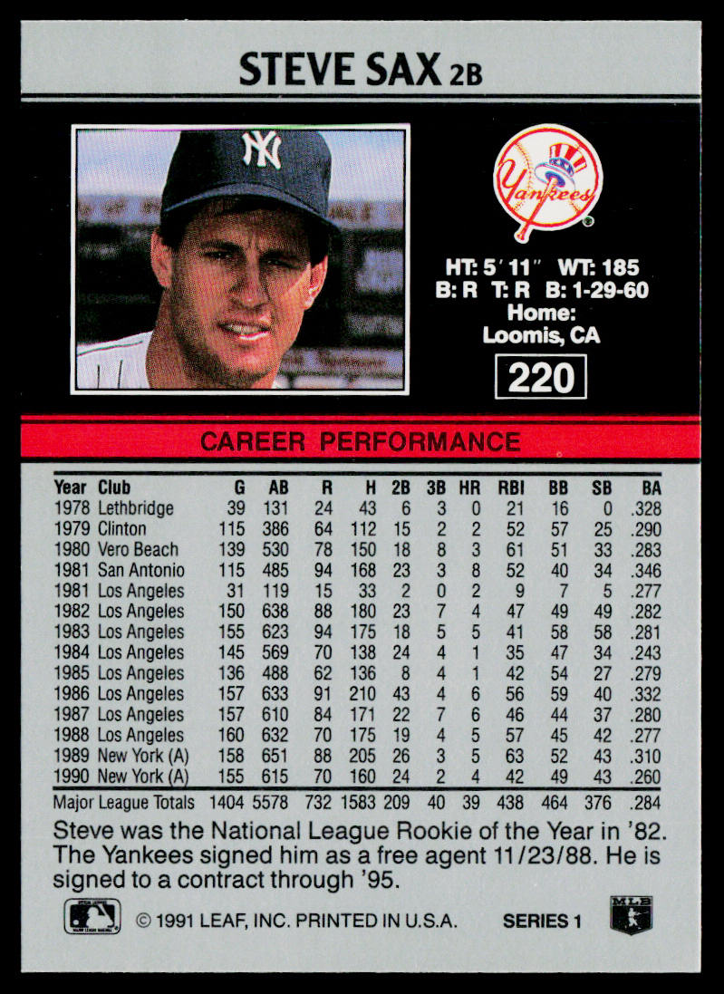 Steve Sax 1991 Leaf #220 New York Yankees
