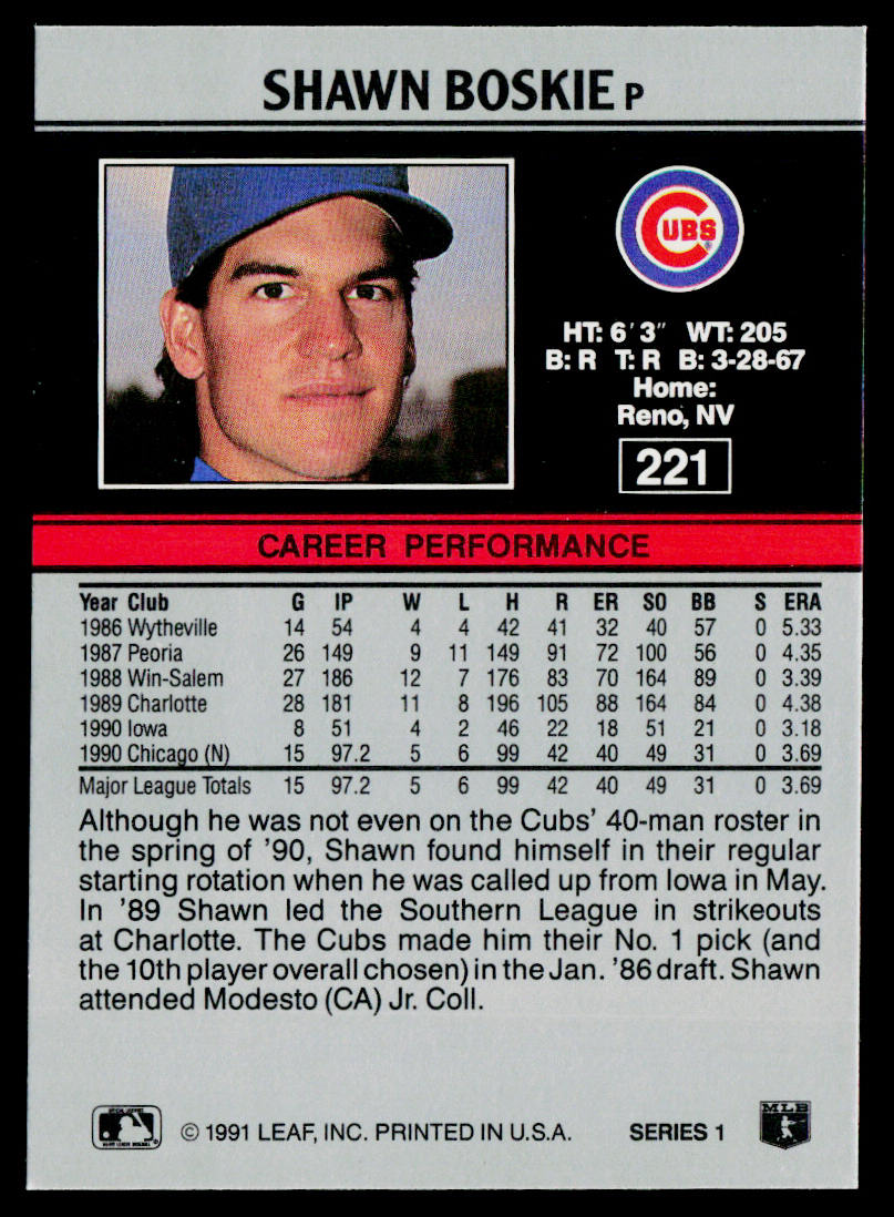 Shawn Boskie 1991 Leaf #221 Chicago Cubs