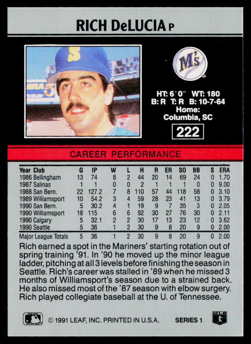 Rich DeLucia 1991 Leaf #222 RC Seattle Mariners