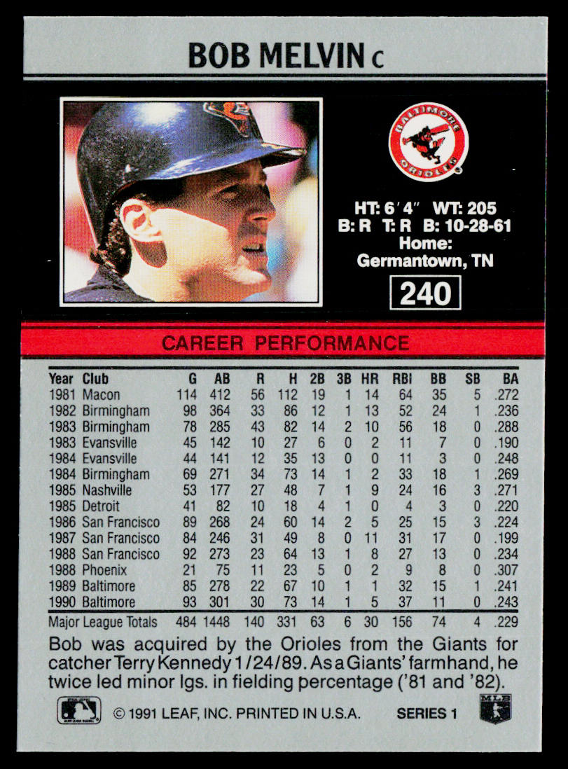 Bob Melvin 1991 Leaf #240 Baltimore Orioles