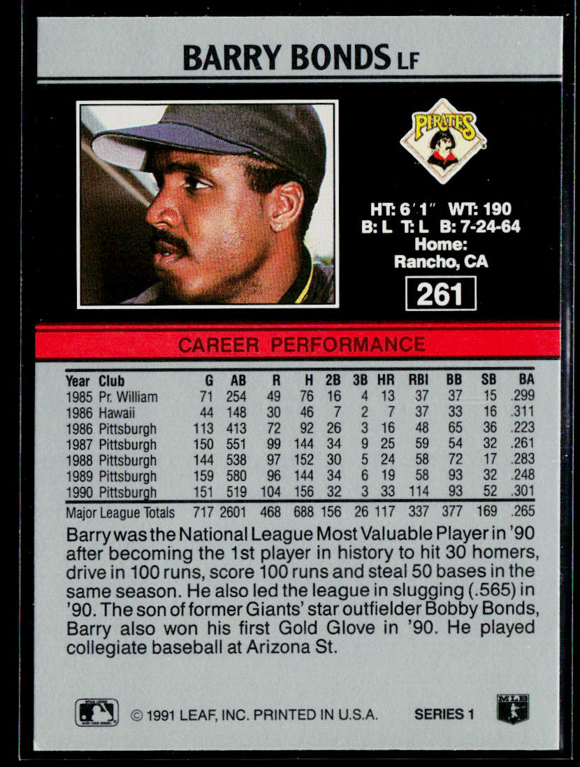 Barry Bonds 1991 Leaf #261 Pittsburgh Pirates