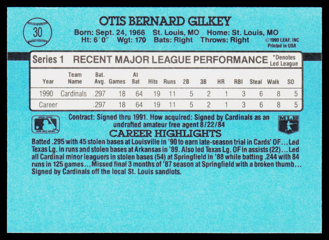 Bernard Gilkey 1991 Donruss #30b St. Louis Cardinals