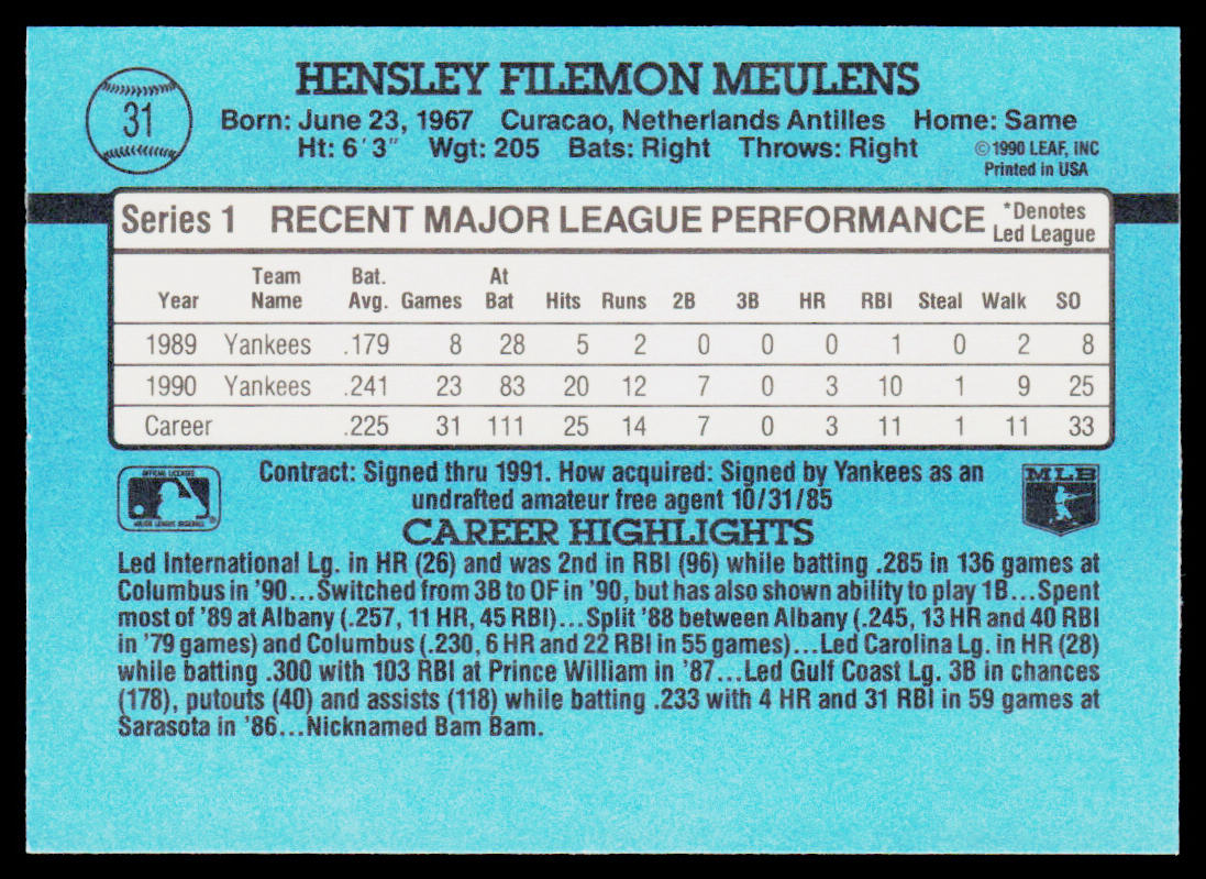Hensley Meulens 1991 Donruss #31 New York Yankees