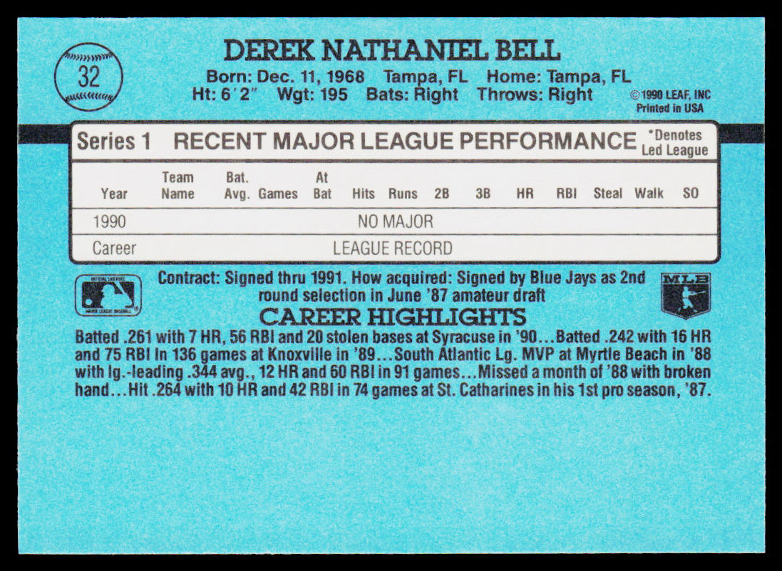 Derek Bell 1991 Donruss #32b Toronto Blue Jays