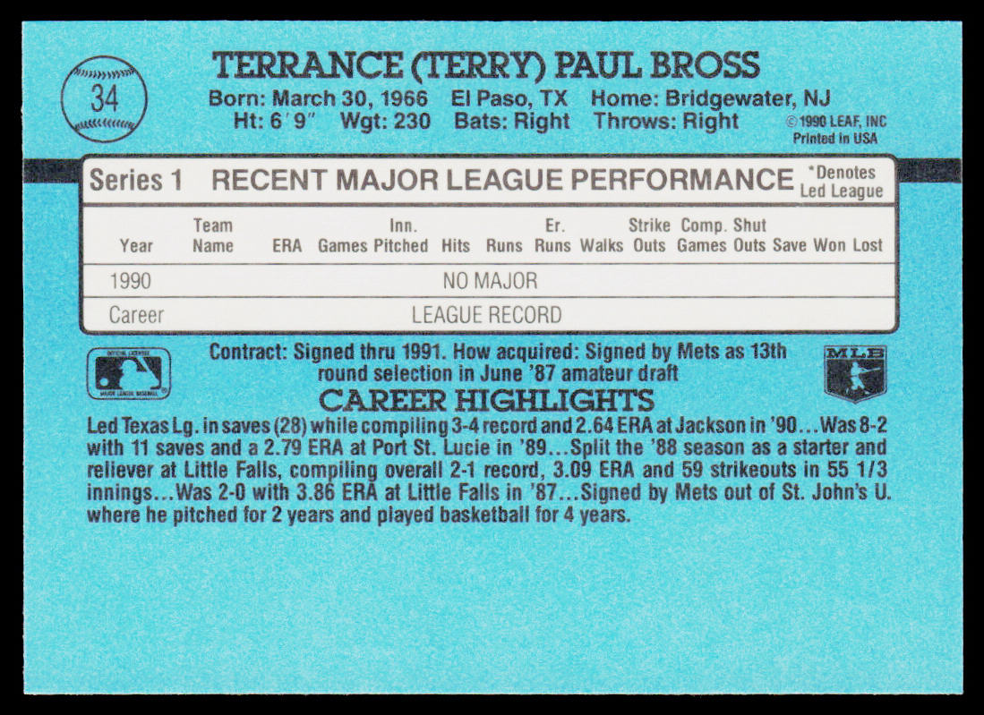 Terry Bross 1991 Donruss #34 New York Mets