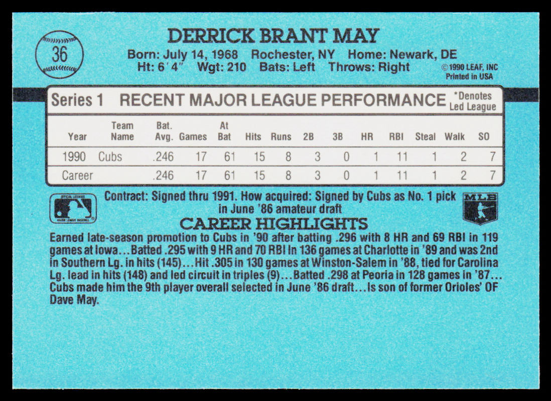 Derrick May 1991 Donruss #36b Chicago Cubs
