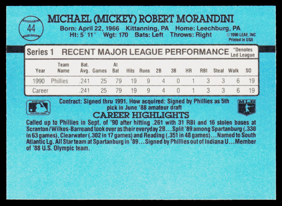 Mickey Morandini 1991 Donruss #44 Philadelphia Phillies