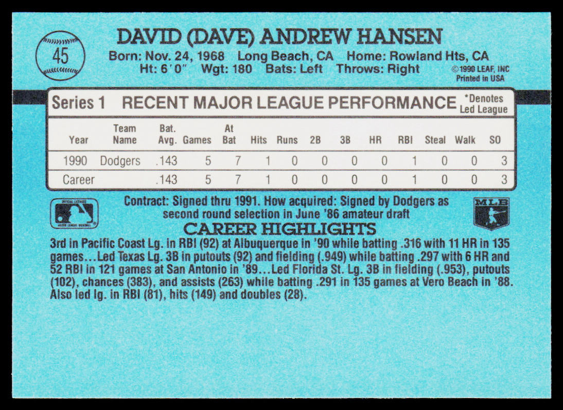 Dave Hansen 1991 Donruss #45 Los Angeles Dodgers