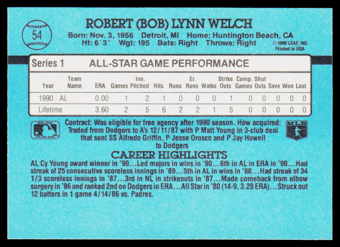 Bob Welch 1991 Donruss #54 Oakland Athletics