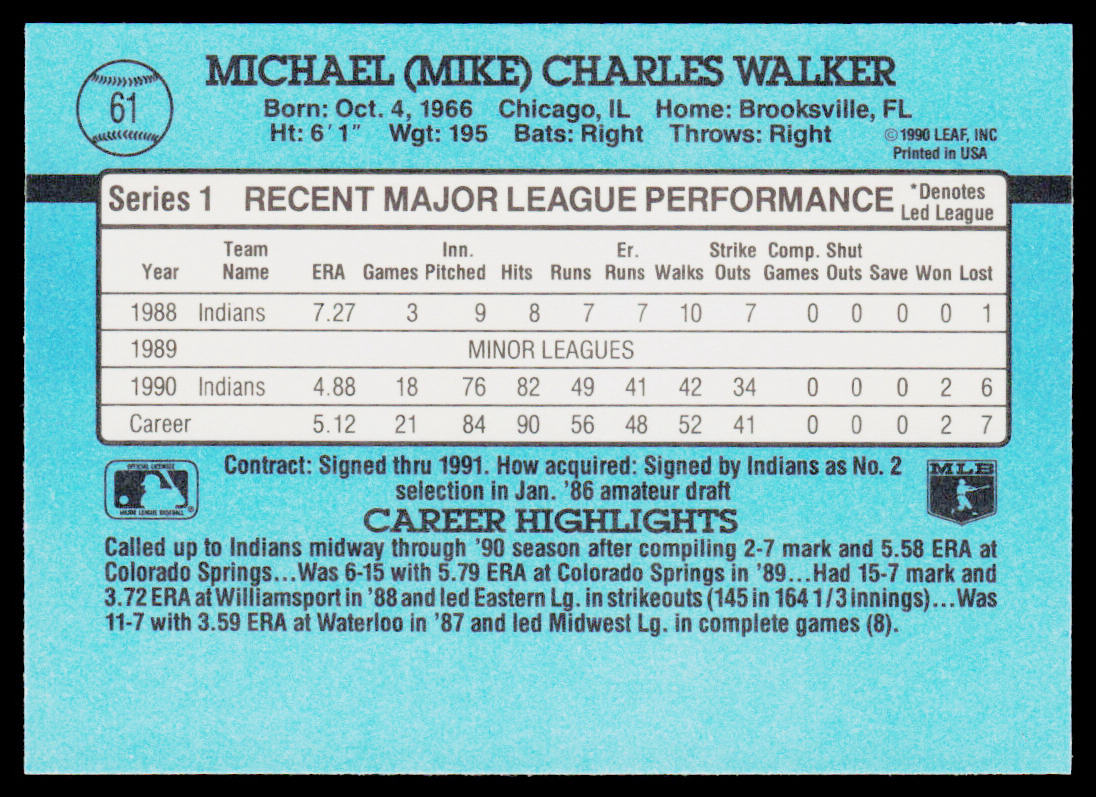 Mike Walker 1991 Donruss #61b Cleveland Indians
