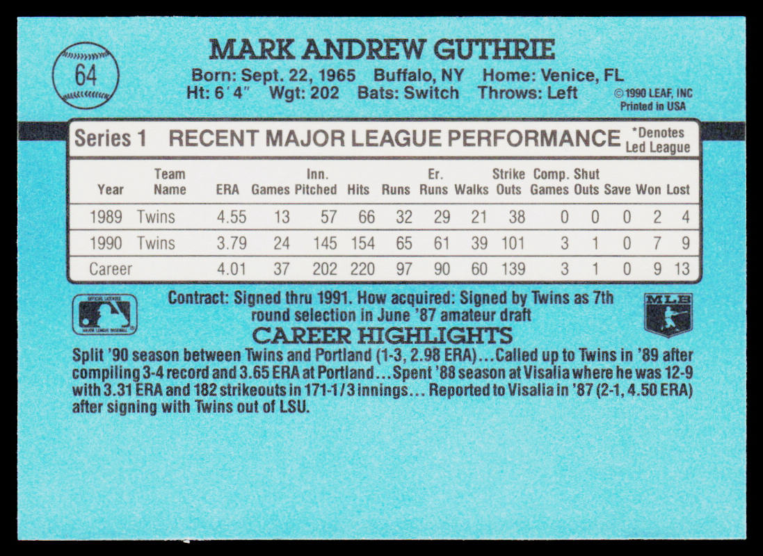 Mark Guthrie 1991 Donruss #64 Minnesota Twins