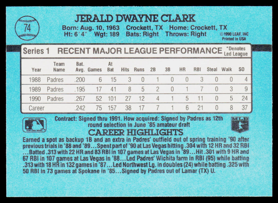 Jerald Clark 1991 Donruss #74 San Diego Padres