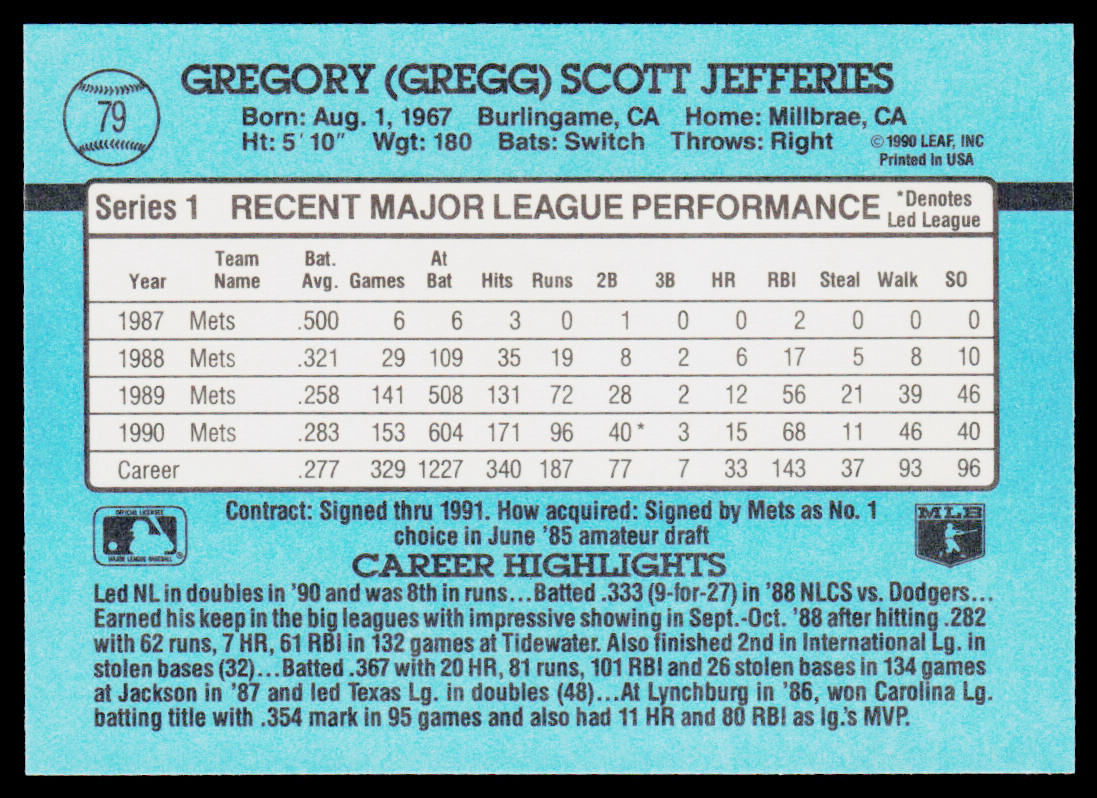 Gregg Jefferies 1991 Donruss #79b New York Mets