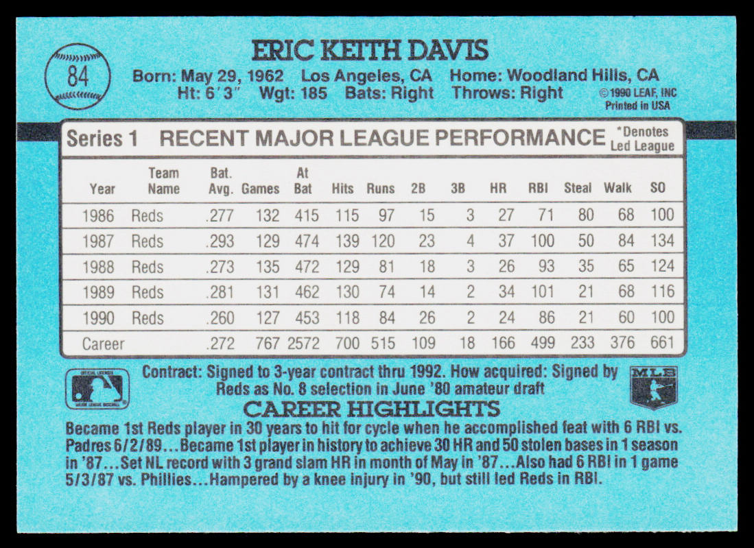 Eric Davis 1991 Donruss #84b Cincinnati Reds