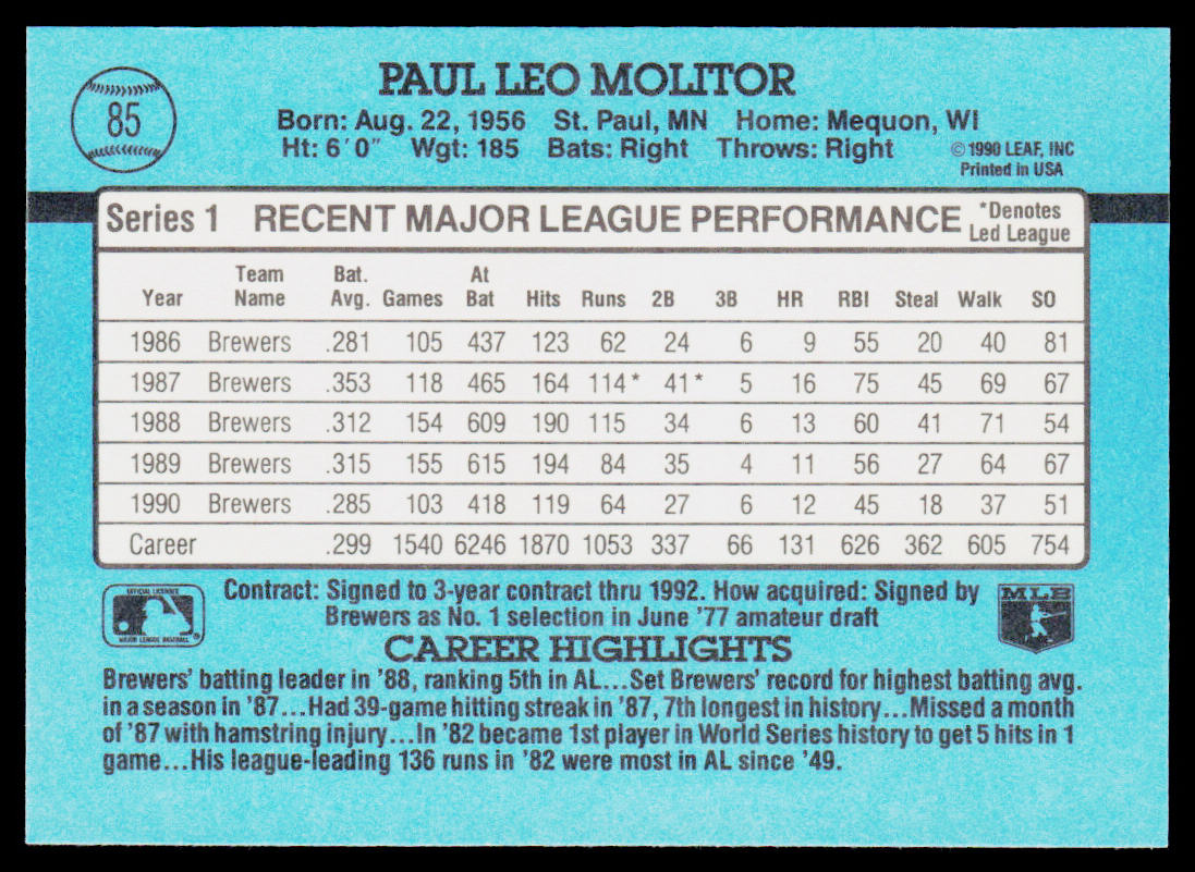Paul Molitor 1991 Donruss #85b Milwaukee Brewers