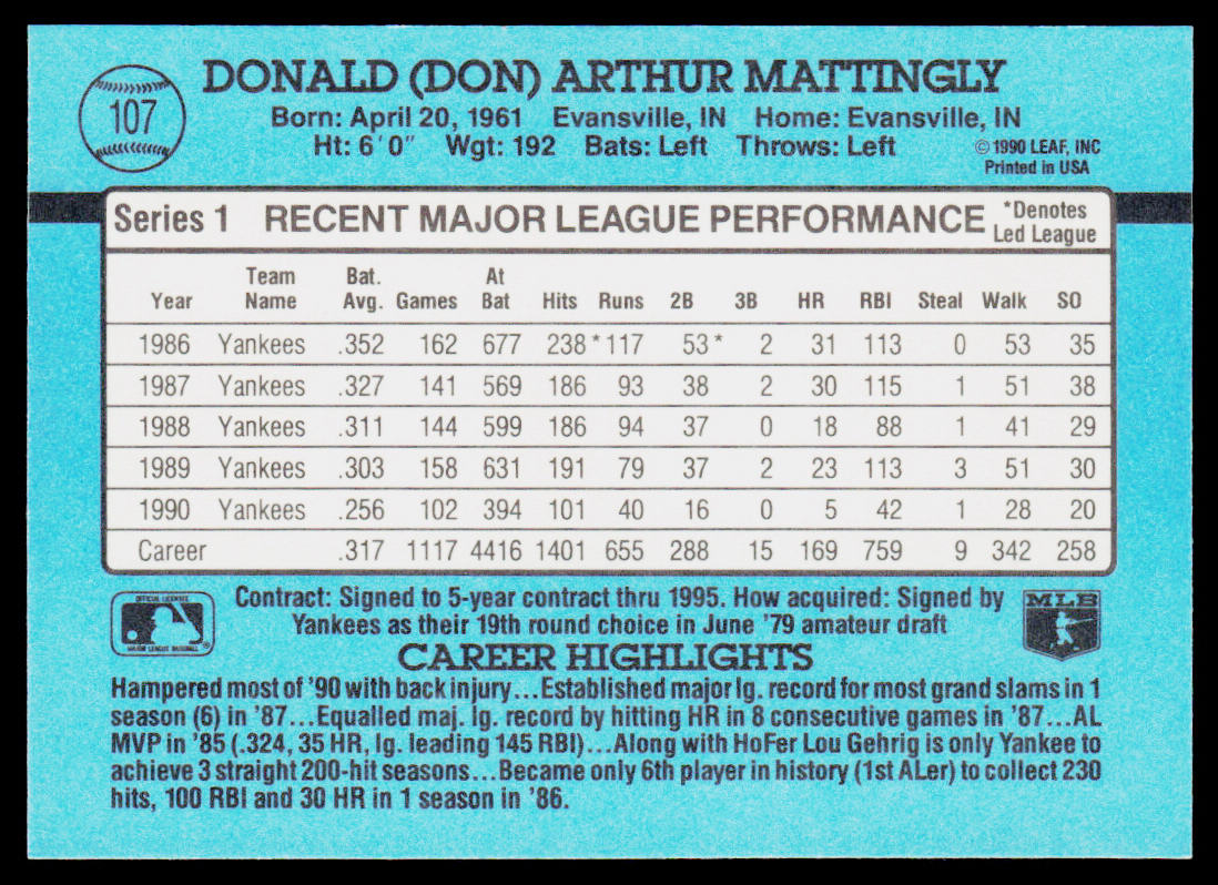 Don Mattingly 1991 Donruss #107 New York Yankees