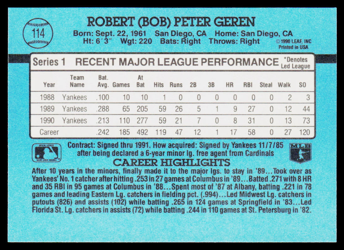 Bob Geren 1991 Donruss #114b New York Yankees