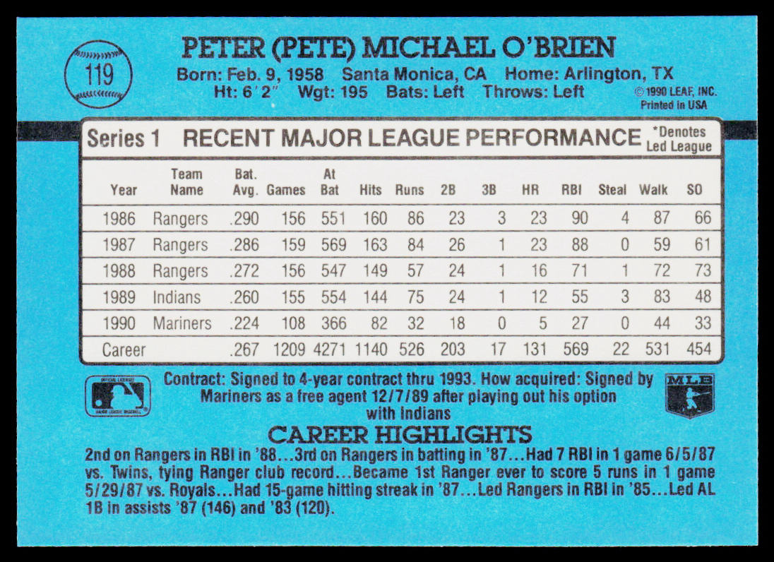 Pete O'Brien 1991 Donruss #119d Seattle Mariners