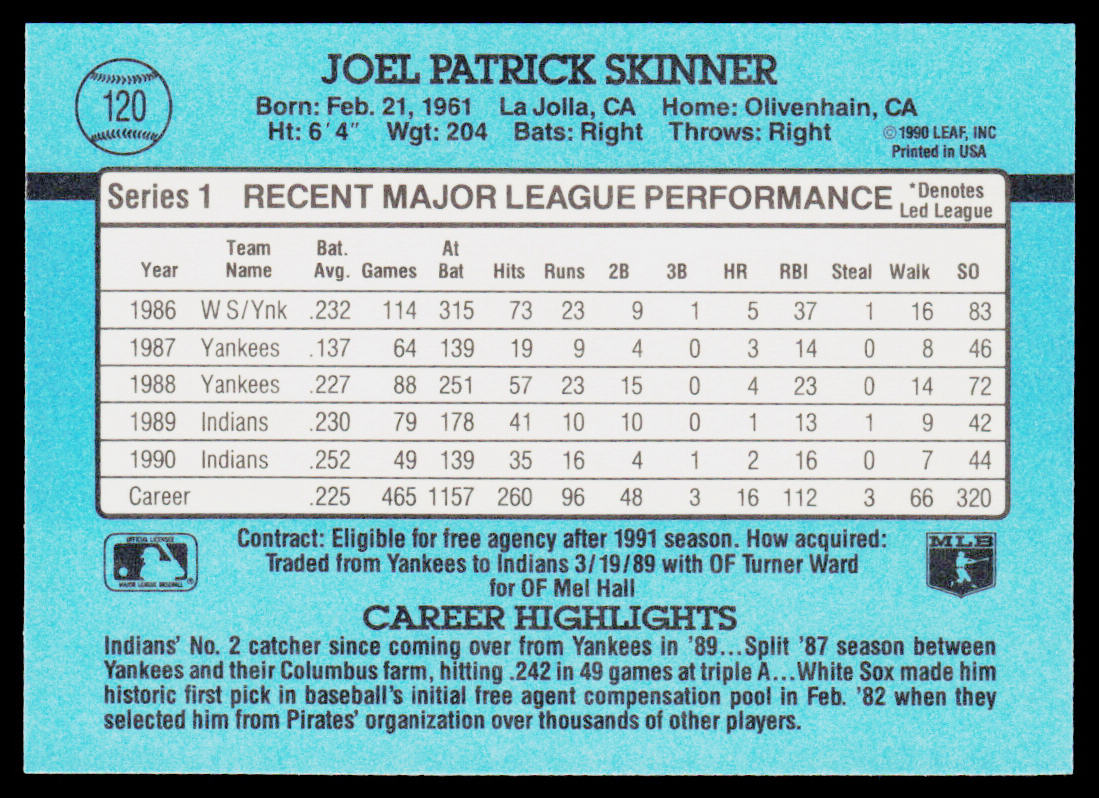 Joel Skinner 1991 Donruss #120c Cleveland Indians