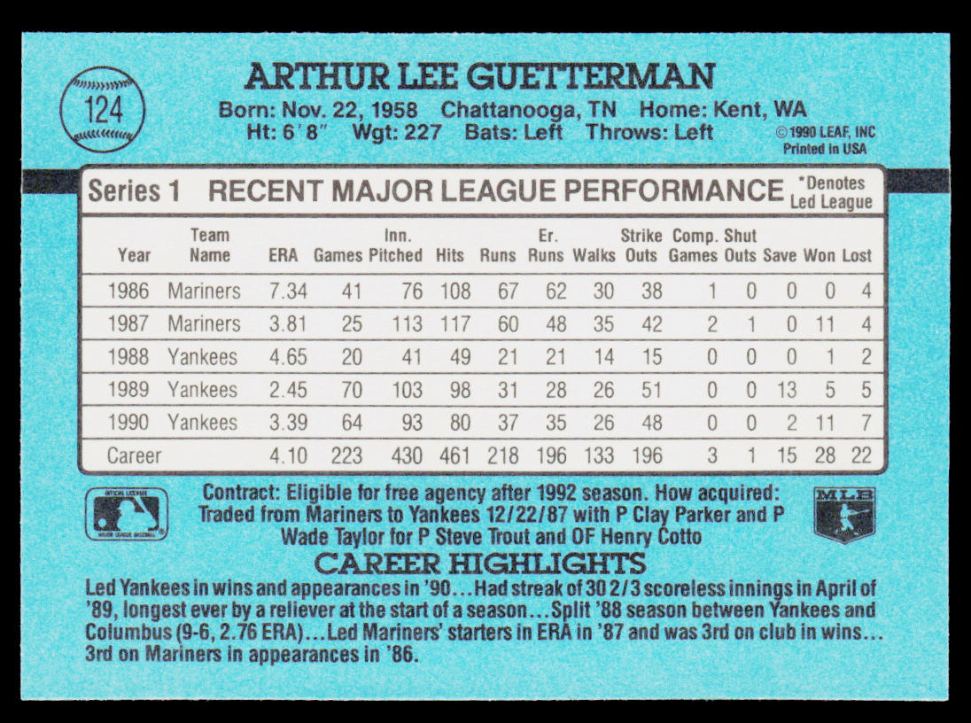 Lee Guetterman 1991 Donruss #124c New York Yankees