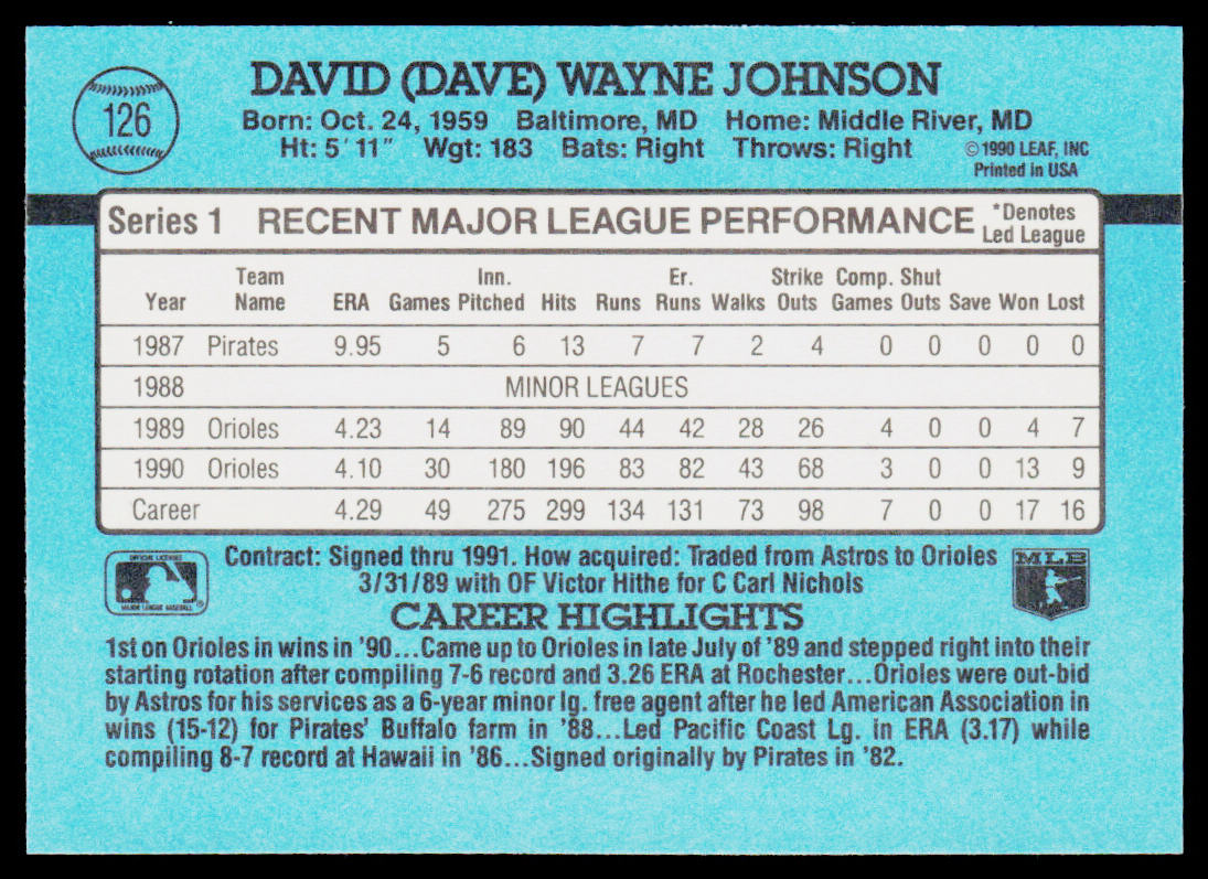 Dave Johnson 1991 Donruss #126 Baltimore Orioles