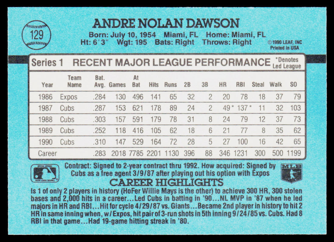 Andre Dawson 1991 Donruss #129 Chicago Cubs