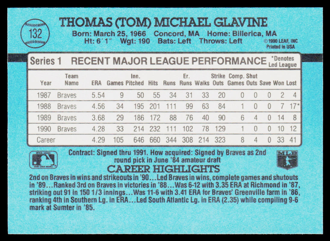 Tom Glavine 1991 Donruss #132 Atlanta Braves