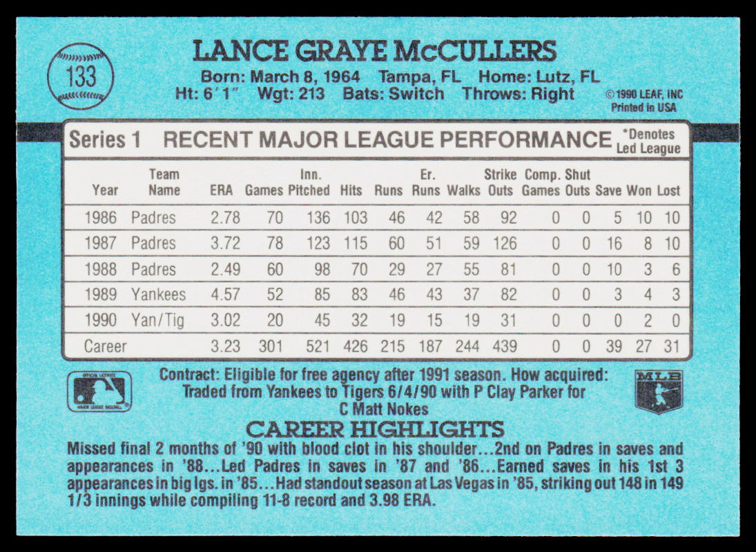 Lance McCullers 1991 Donruss #133b Detroit Tigers