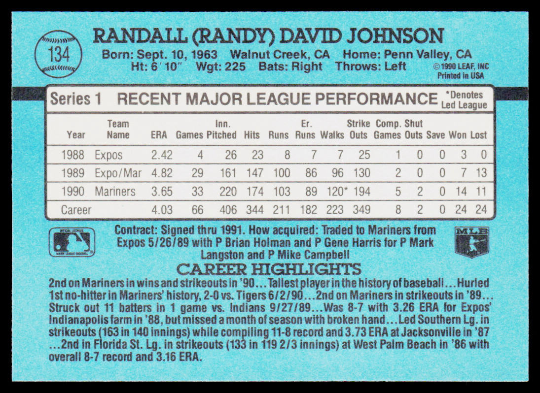 Randy Johnson 1991 Donruss #134b Seattle Mariners