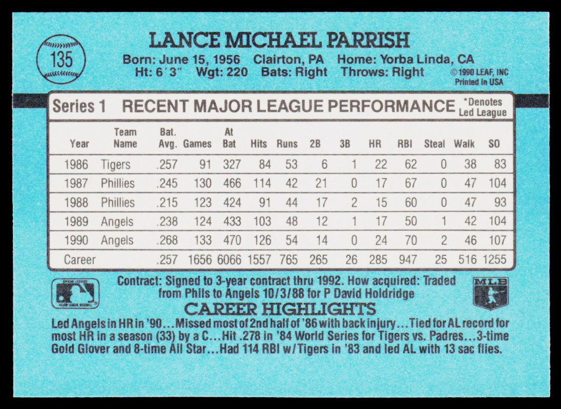 Lance Parrish 1991 Donruss #135c California Angels