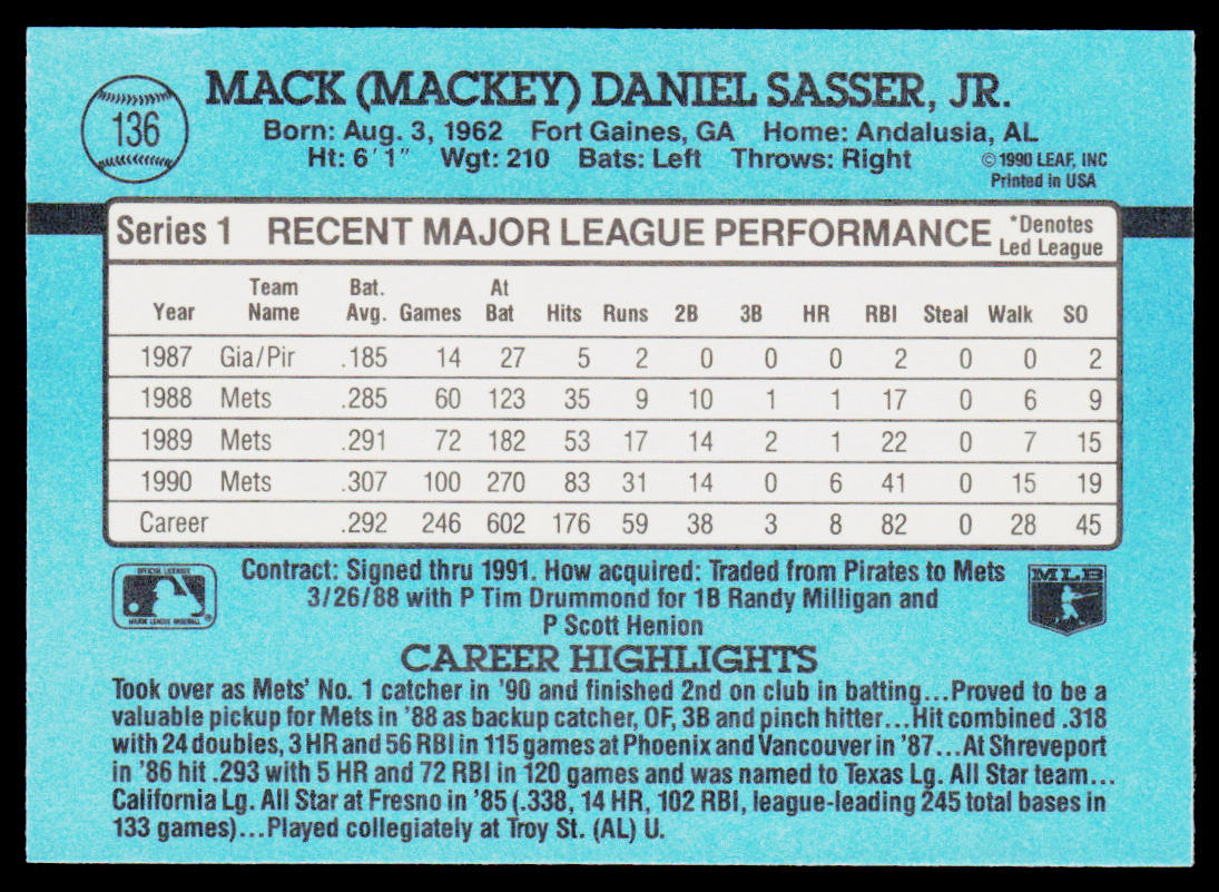 Mackey Sasser 1991 Donruss #136c New York Mets