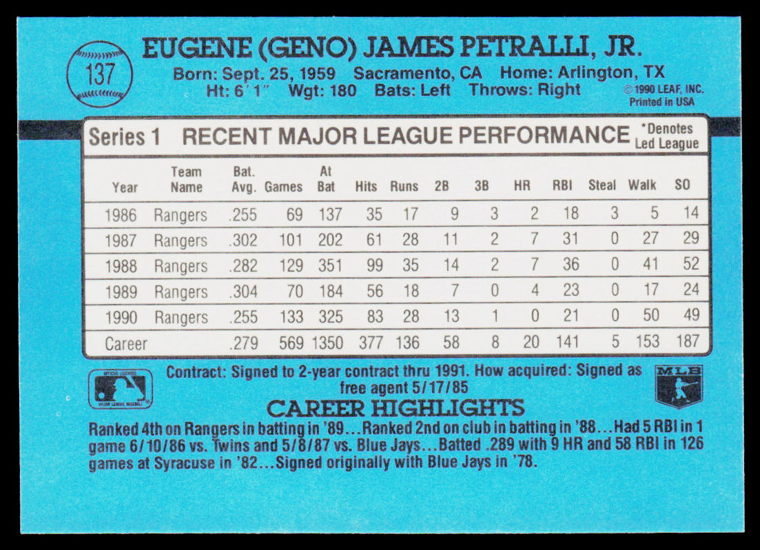 Geno Petralli 1991 Donruss #137 Texas Rangers