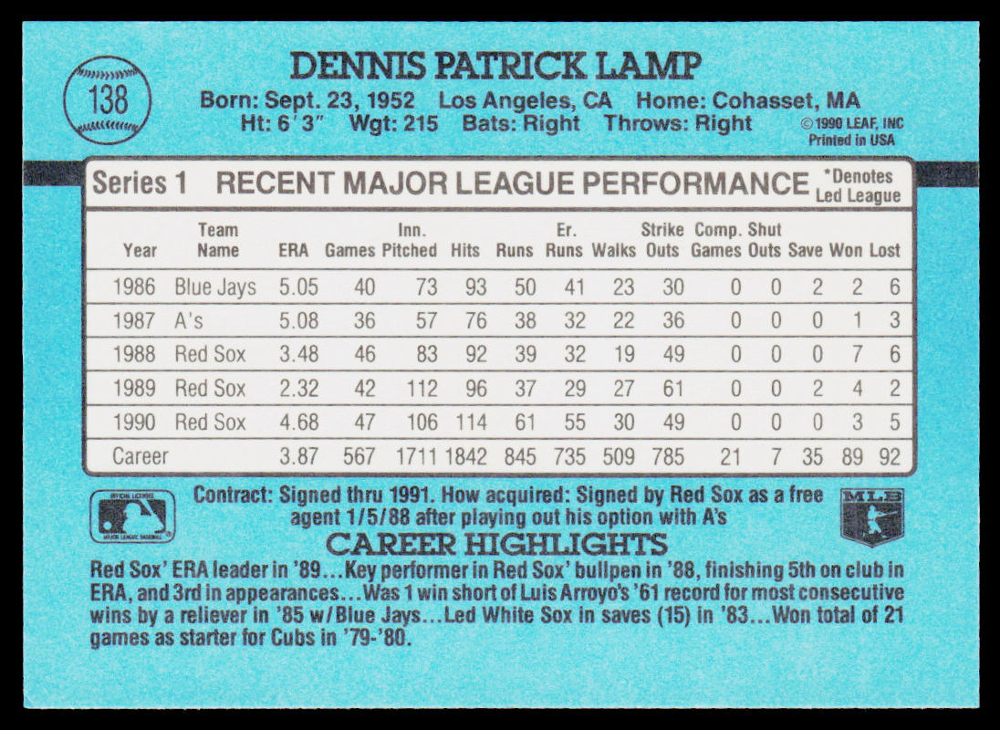 Dennis Lamp 1991 Donruss #138c Boston Red Sox