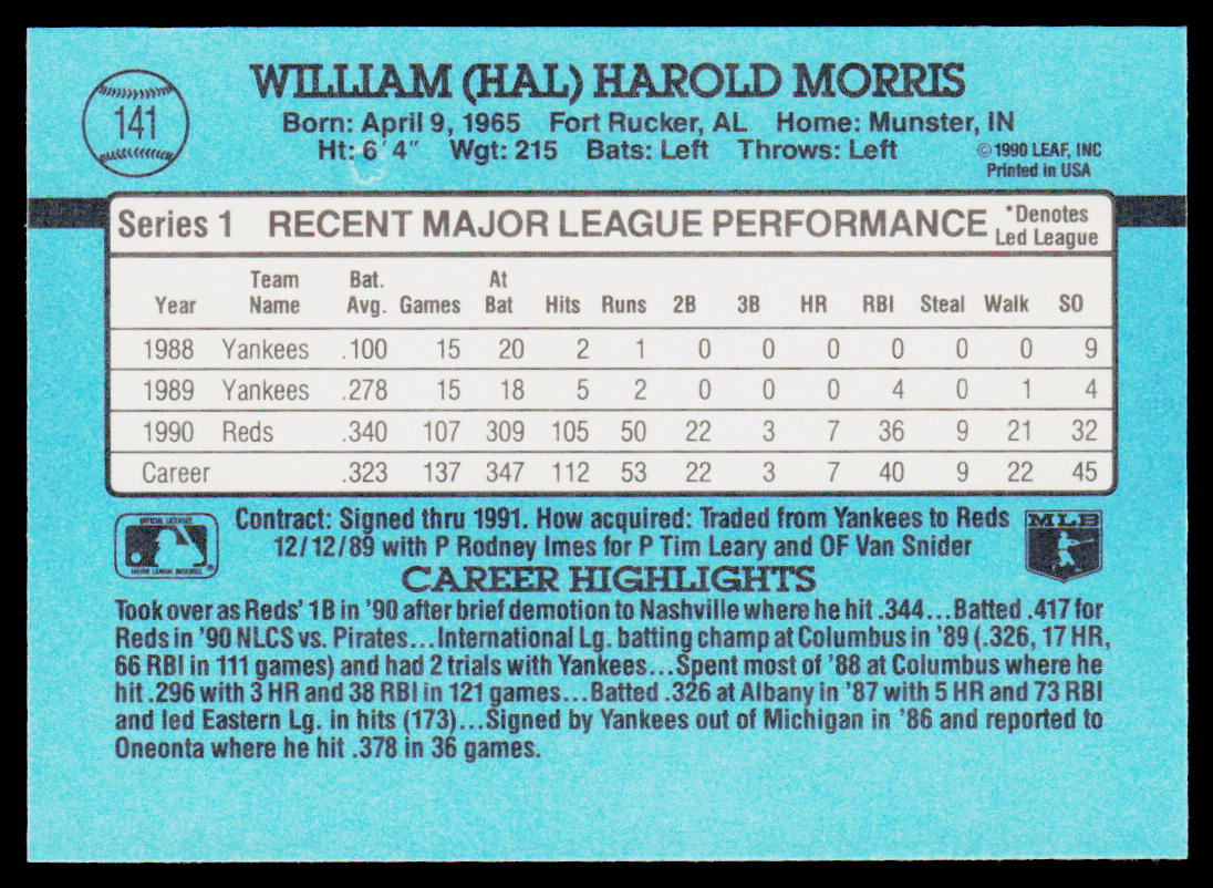 Hal Morris 1991 Donruss #141b Cincinnati Reds