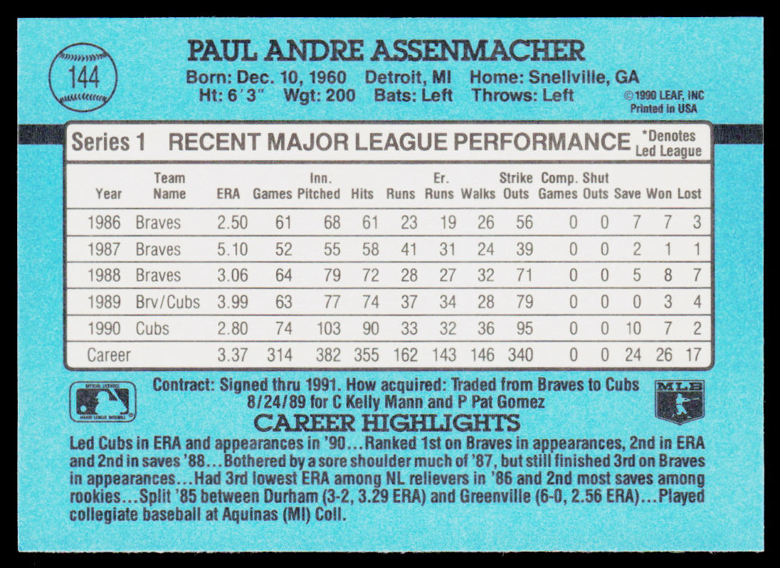 Paul Assenmacher 1991 Donruss #144 Chicago Cubs