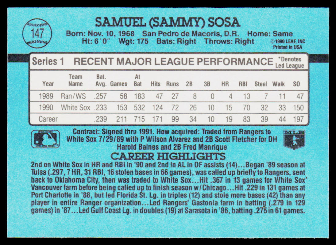 Sammy Sosa 1991 Donruss #147c Chicago White Sox