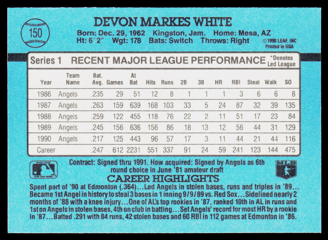 Devon White 1991 Donruss #150 California Angels
