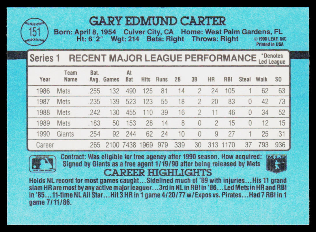 Gary Carter 1991 Donruss #151 San Francisco Giants