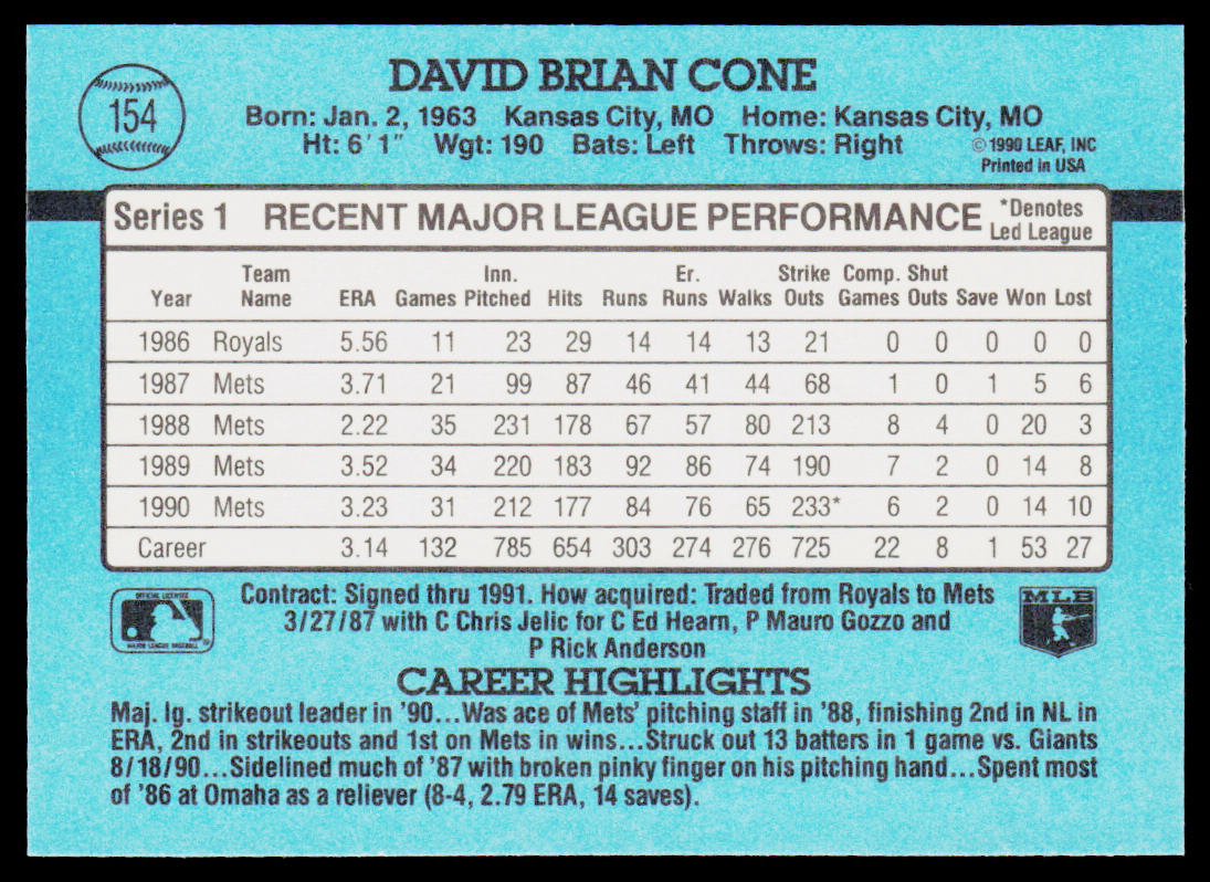 David Cone 1991 Donruss #154 New York Mets