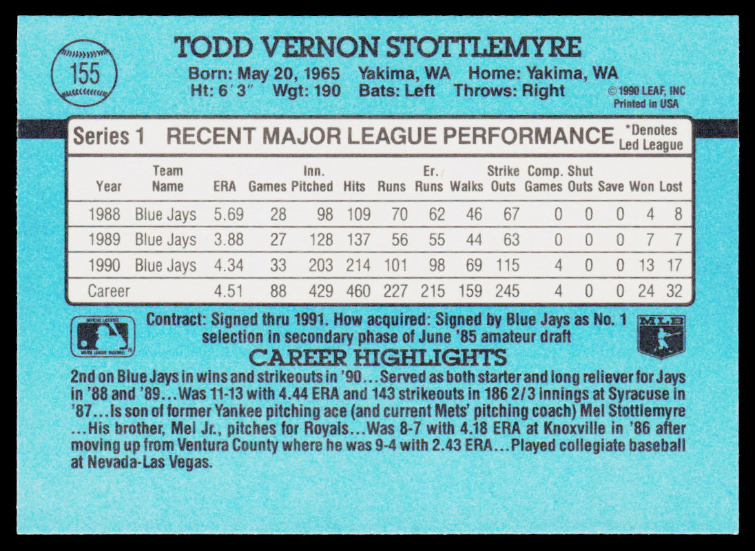 Todd Stottlemyre 1991 Donruss #155b Toronto Blue Jays