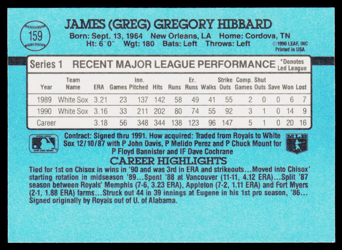 Greg Hibbard 1991 Donruss #159b Chicago White Sox