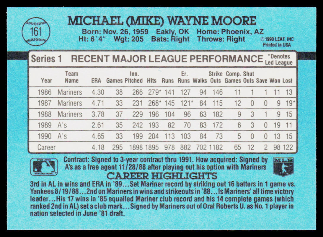 Mike Moore 1991 Donruss #161 Oakland Athletics